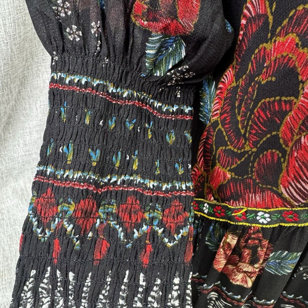 FARM Rio XL Black Floral Embroidered Print Deep V-Neck Smocked Boho Maxi Dress - Picture 5 of 11